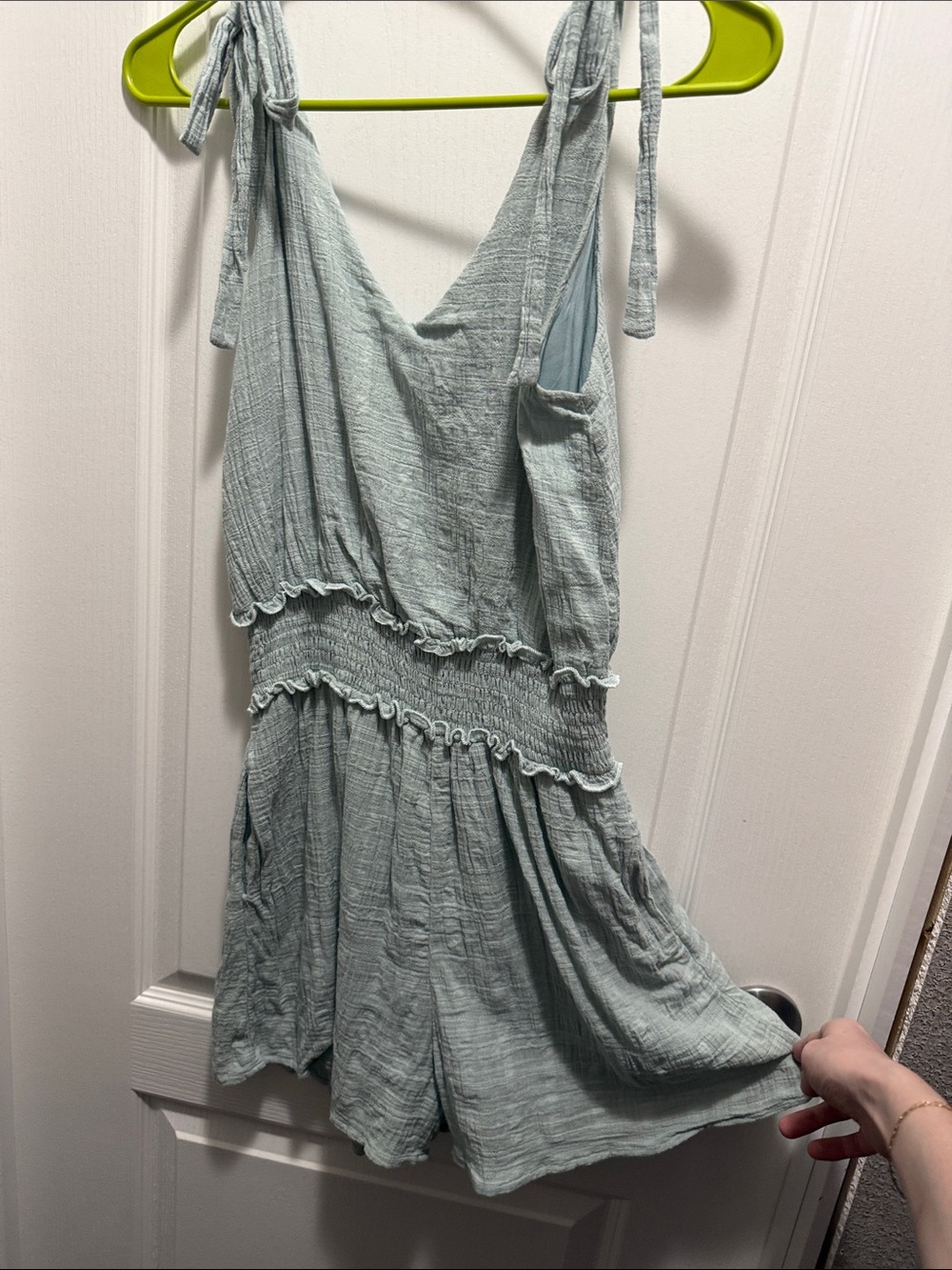 Light Sage Smocked Romper with Tie Straps